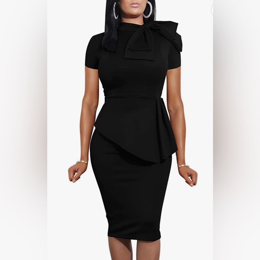 Peplum Bodycon Short Sleeve Bow Club Ruffle Pencil Party Dress